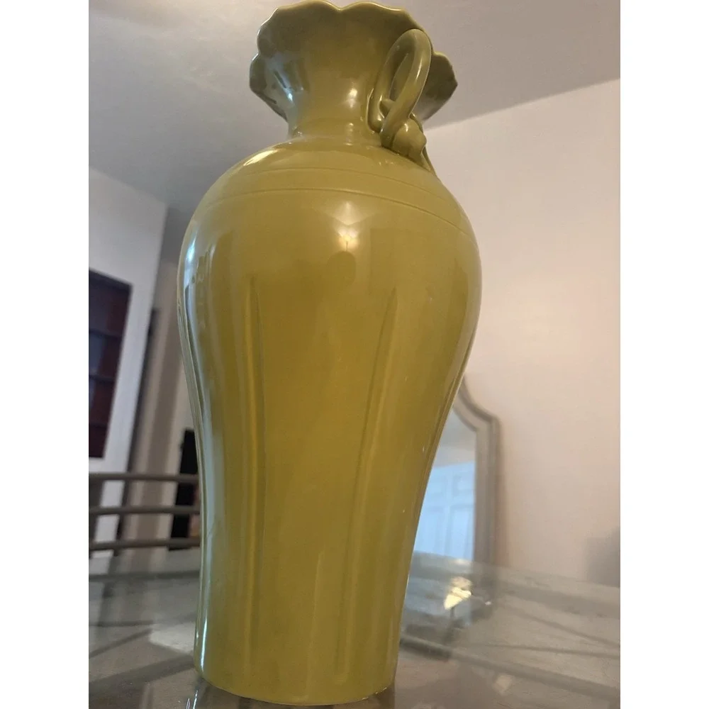 VTG Avocado Chartreuse Green Ceramic Urn Vase Double Handle Scalloped Rim 16